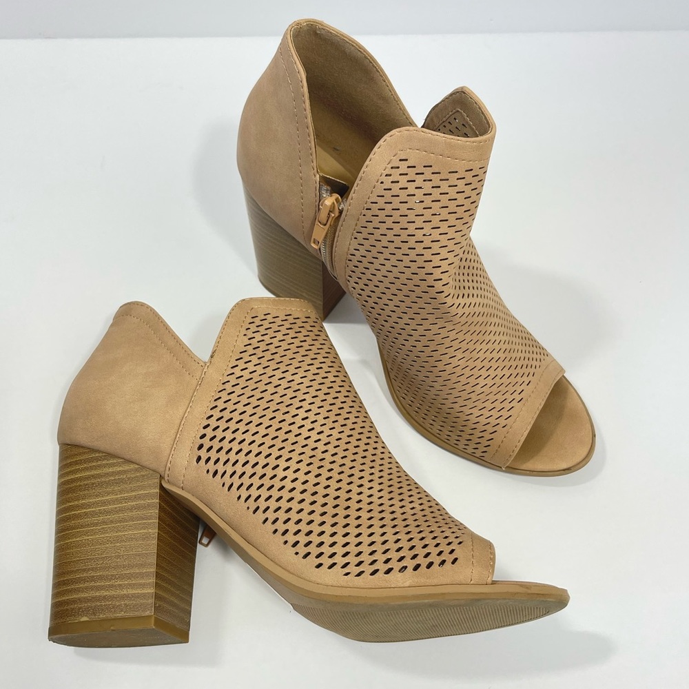 Soda Camel Brown Block Heel Open Toe Booties - image 1